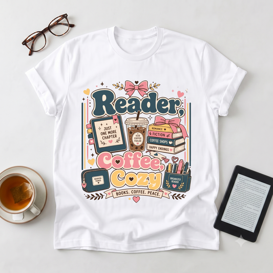 Reader Coffee Cozy T-Shirt — 'Reader' Book & Coffee Lover Graphic Tee