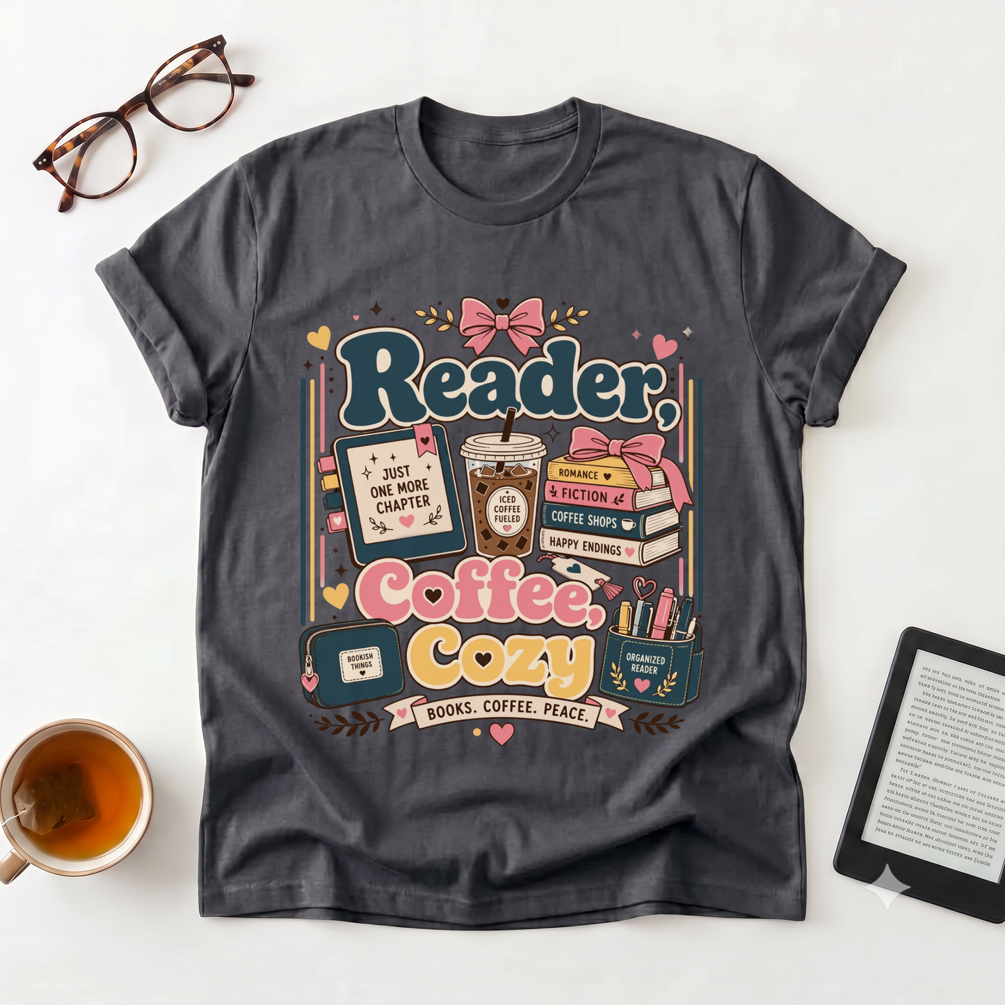 Reader Coffee Cozy T-Shirt — 'Reader' Book & Coffee Lover Graphic Tee