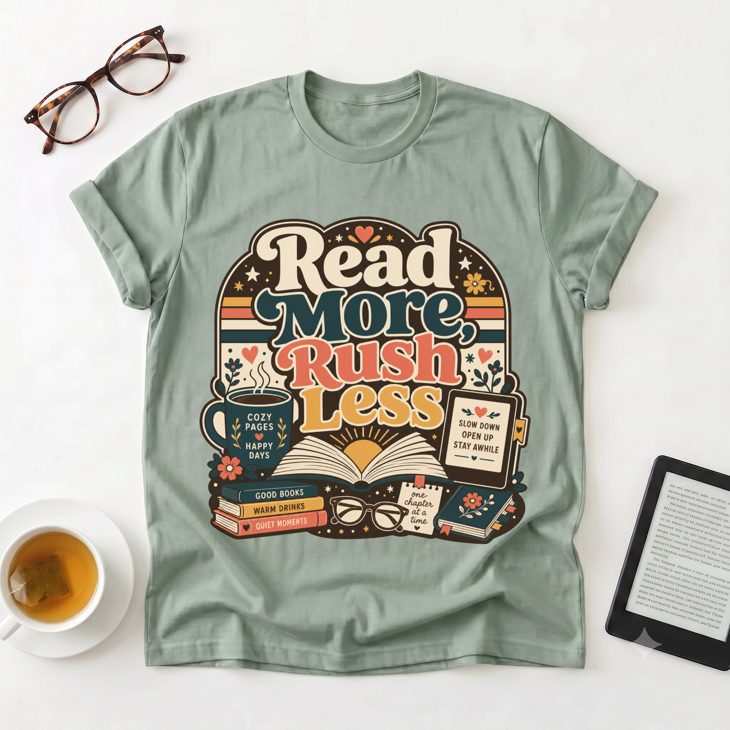 Read More Rush Less T-Shirt — Retro Book Lover Graphic Tee