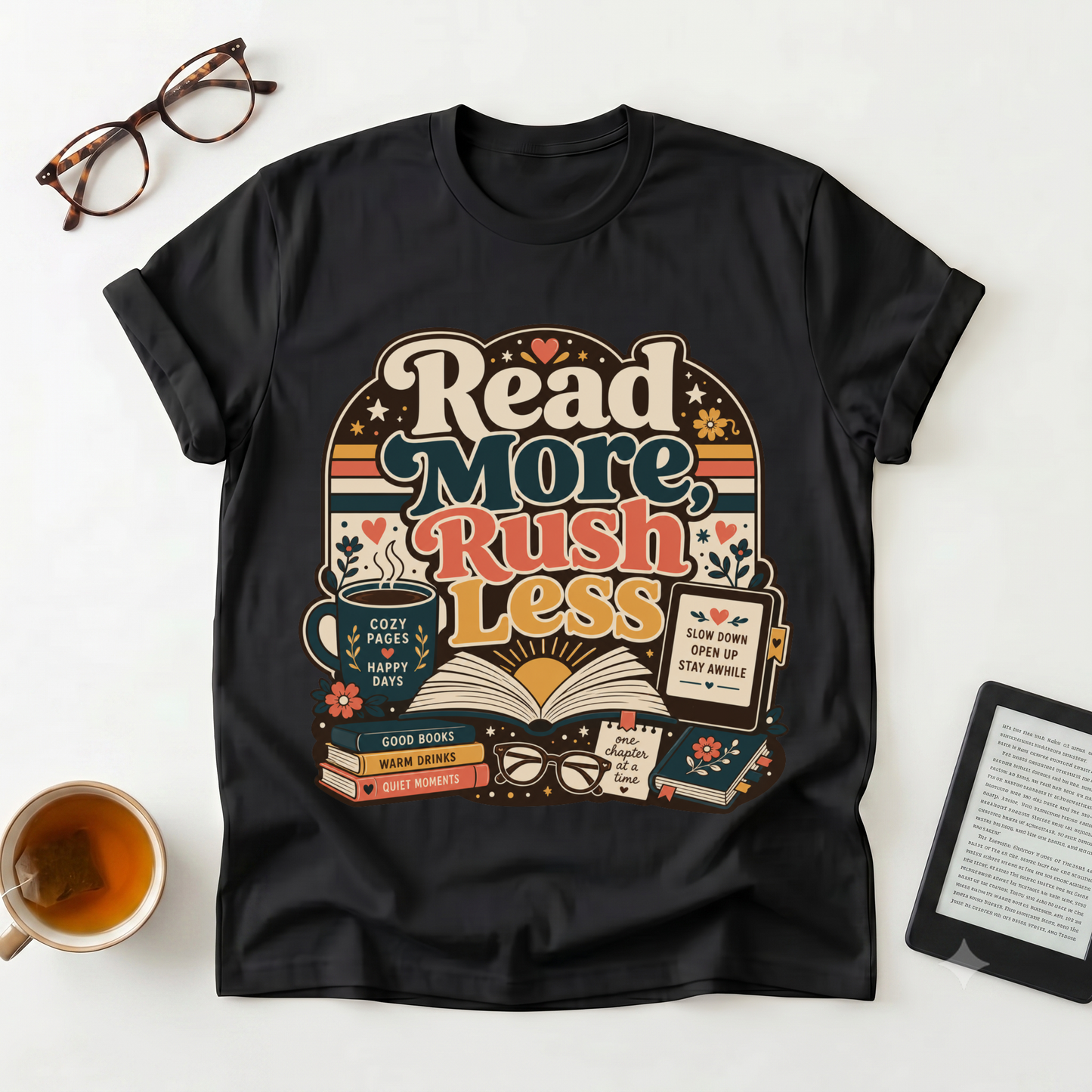 Read More Rush Less T-Shirt — Retro Book Lover Graphic Tee