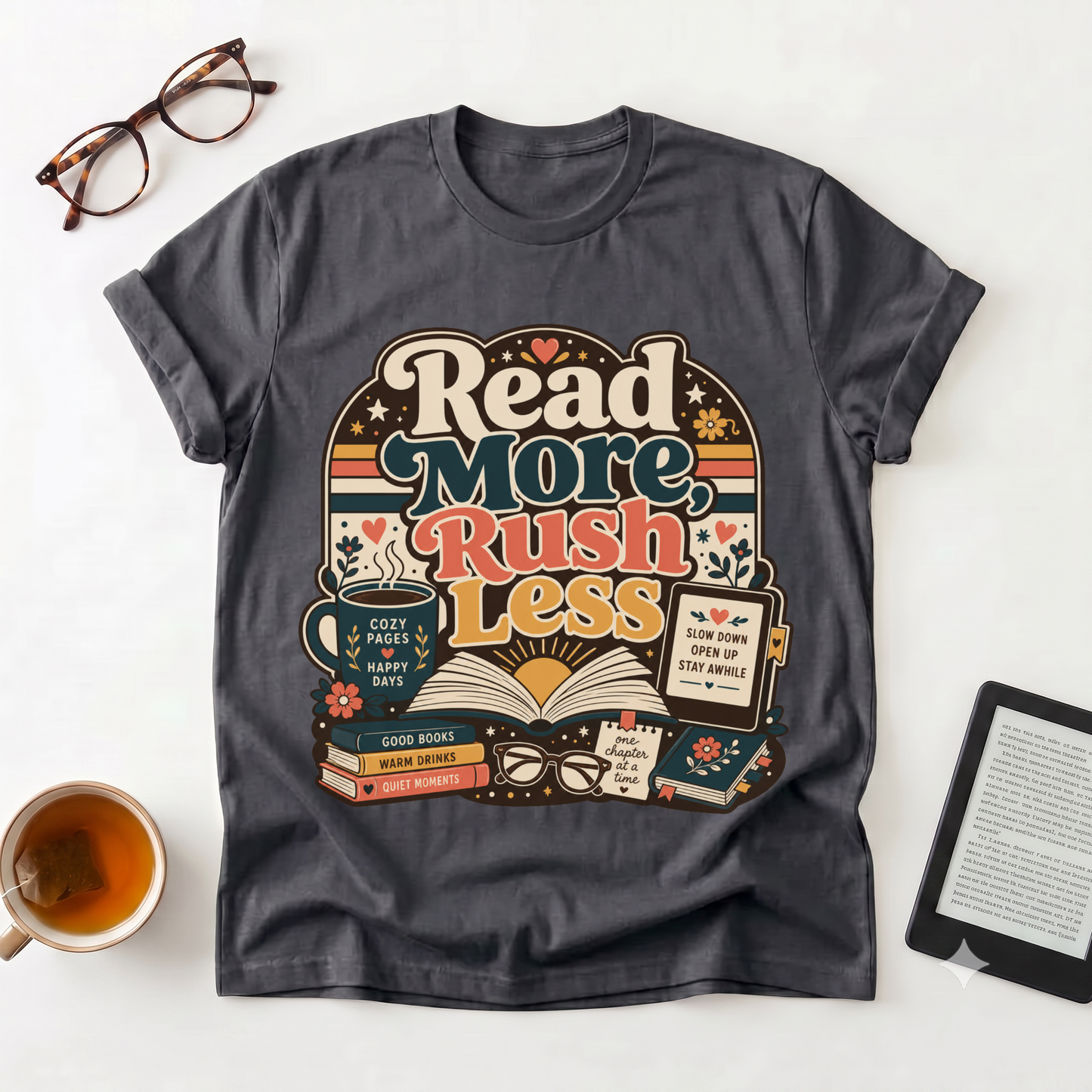 Read More Rush Less T-Shirt — Retro Book Lover Graphic Tee