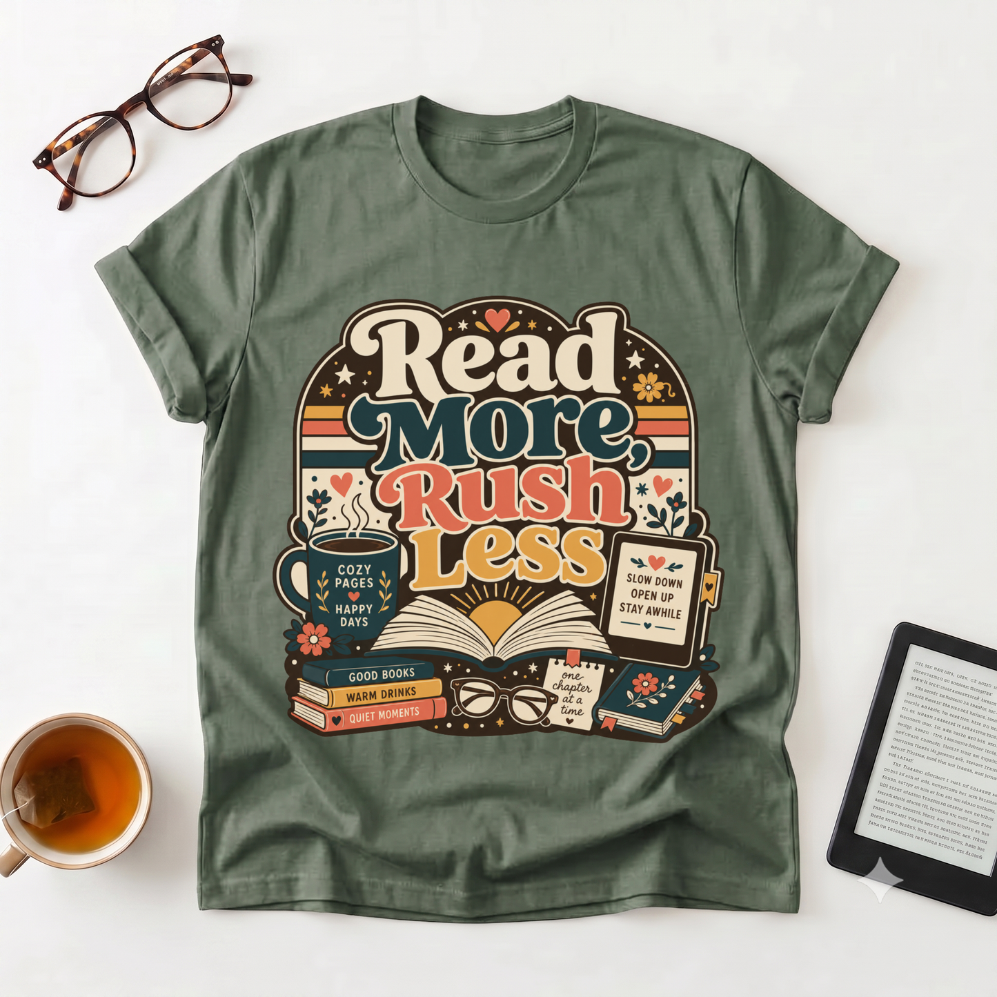 Read More Rush Less T-Shirt — Retro Book Lover Graphic Tee