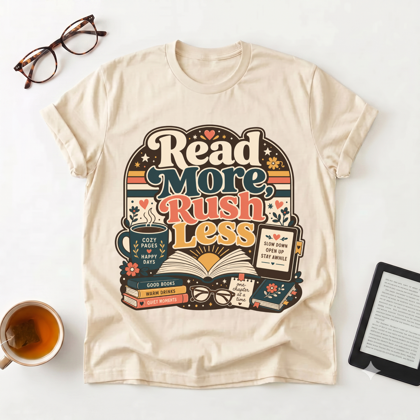Read More Rush Less T-Shirt — Retro Book Lover Graphic Tee