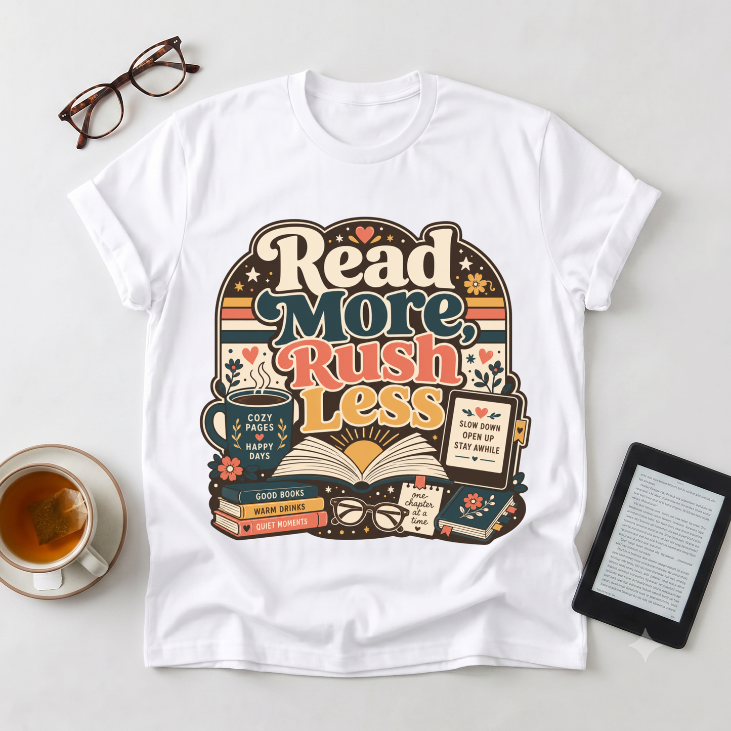 Read More Rush Less T-Shirt — Retro Book Lover Graphic Tee