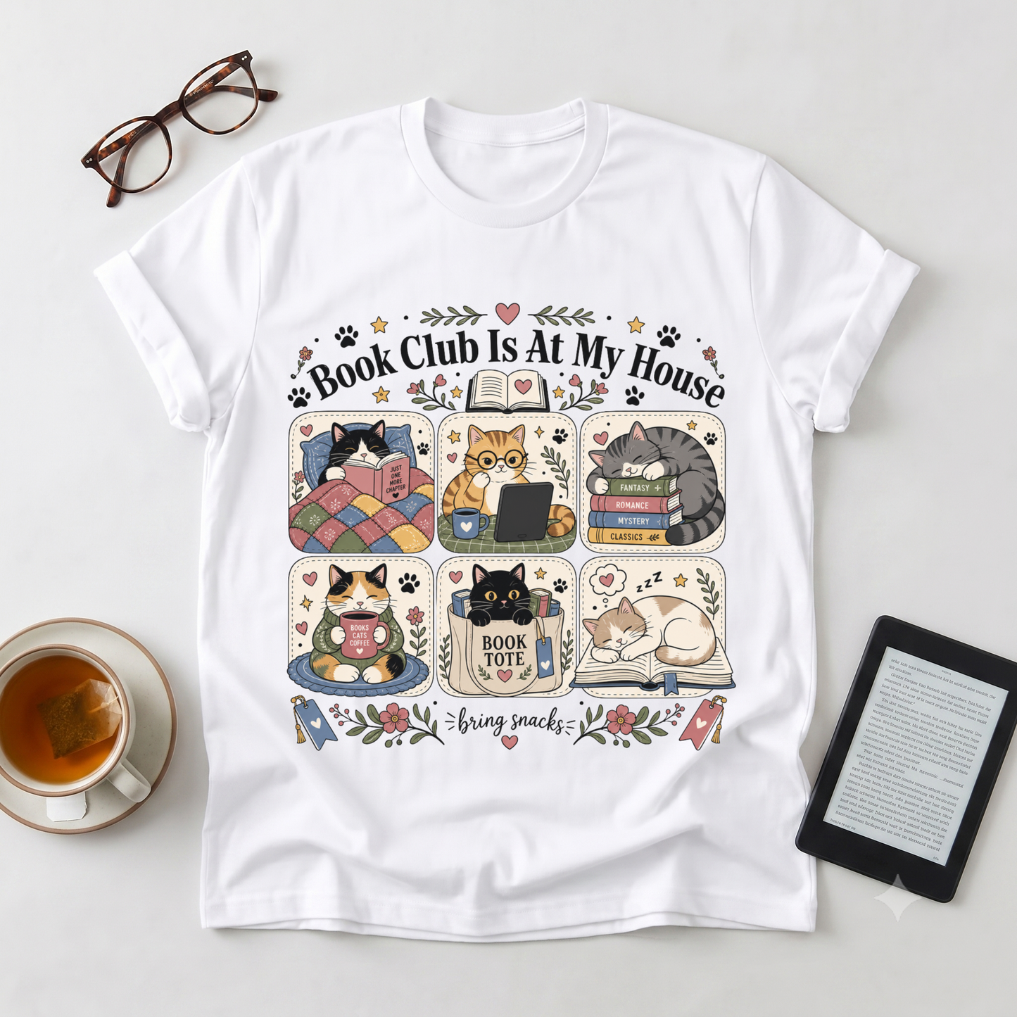 Book Club Is At My House T-Shirt — Cozy Cat Reader Tee