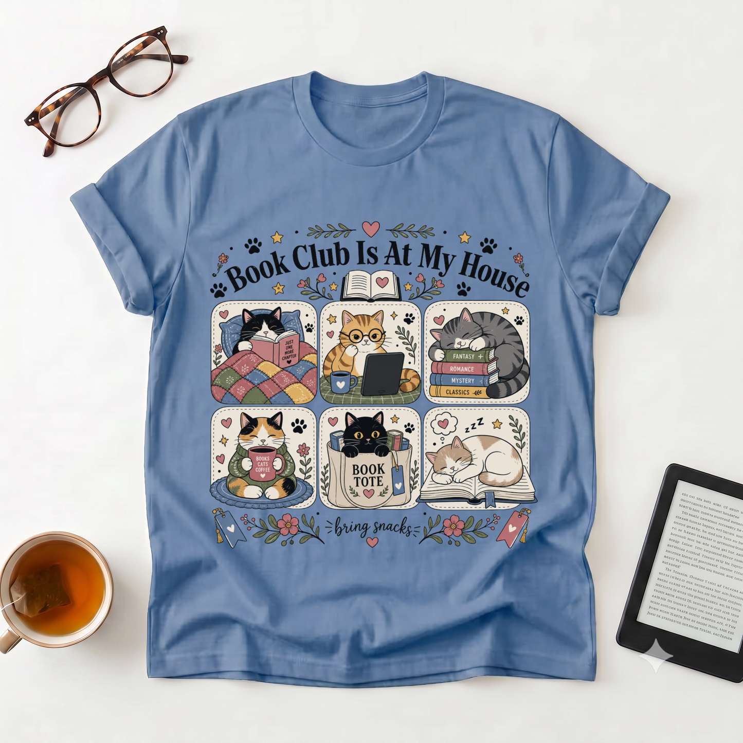 Book Club Is At My House T-Shirt — Cozy Cat Reader Tee
