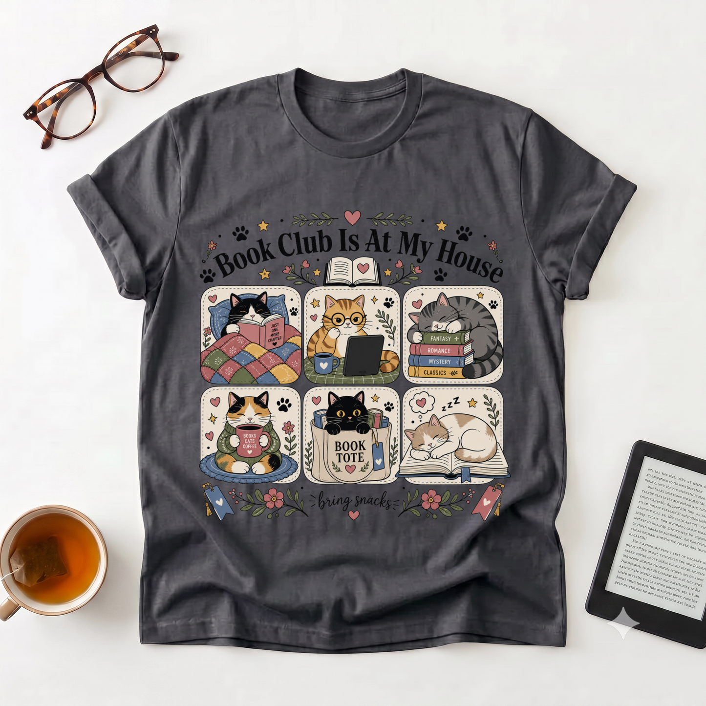 Book Club Is At My House T-Shirt — Cozy Cat Reader Tee