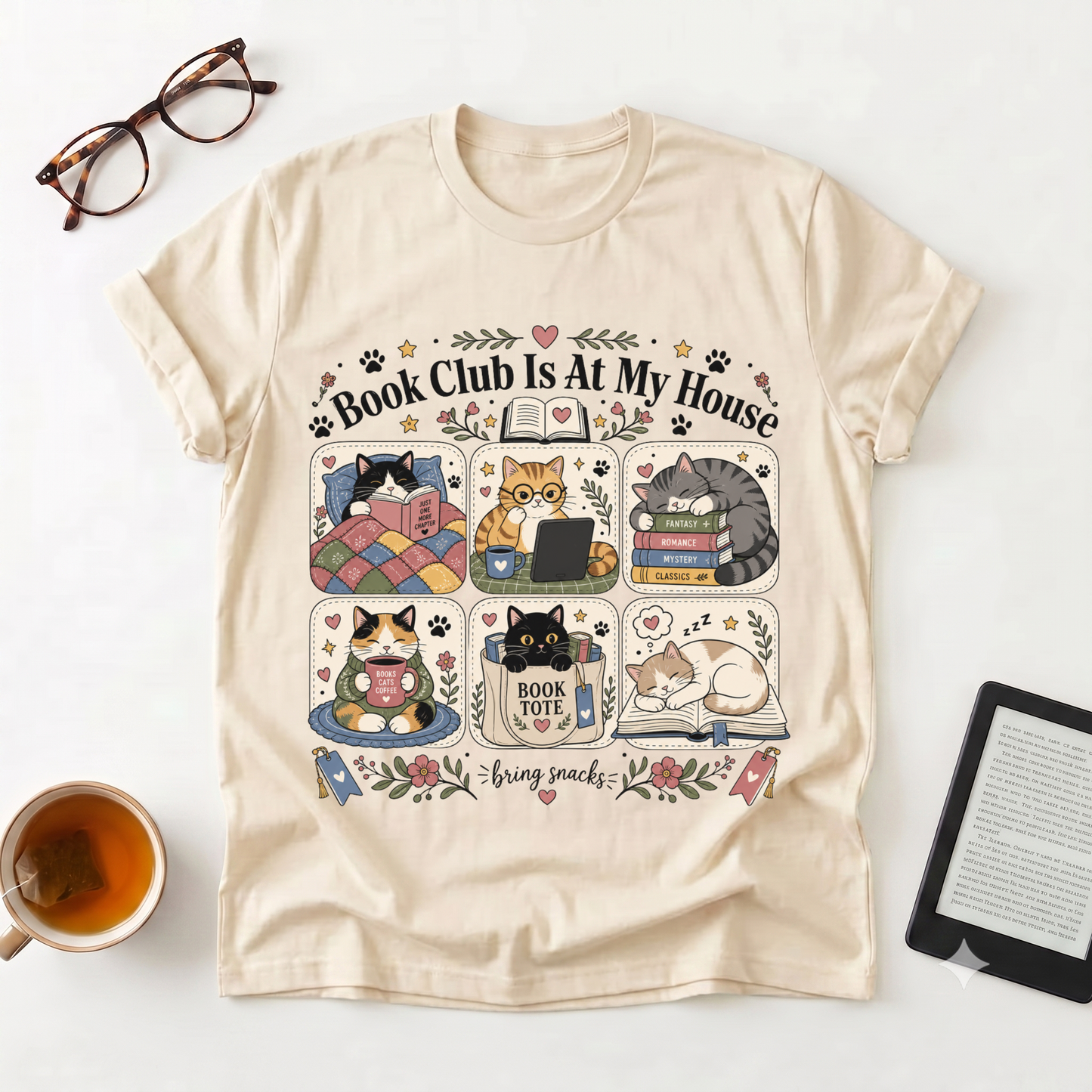 Book Club Is At My House T-Shirt — Cozy Cat Reader Tee