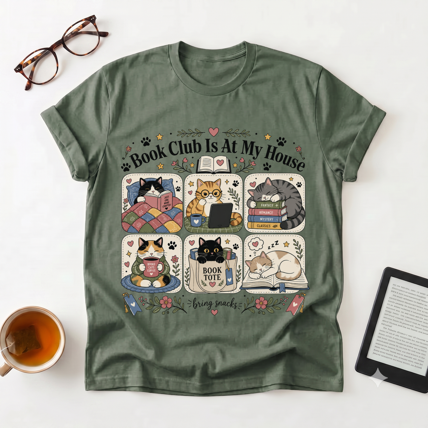 Book Club Is At My House T-Shirt — Cozy Cat Reader Tee