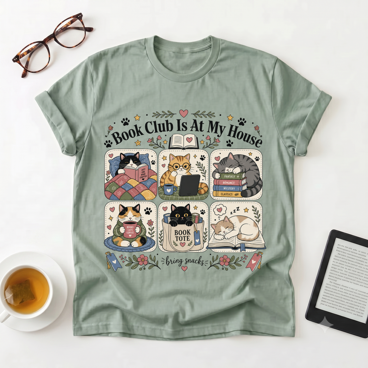 Book Club Is At My House T-Shirt — Cozy Cat Reader Tee