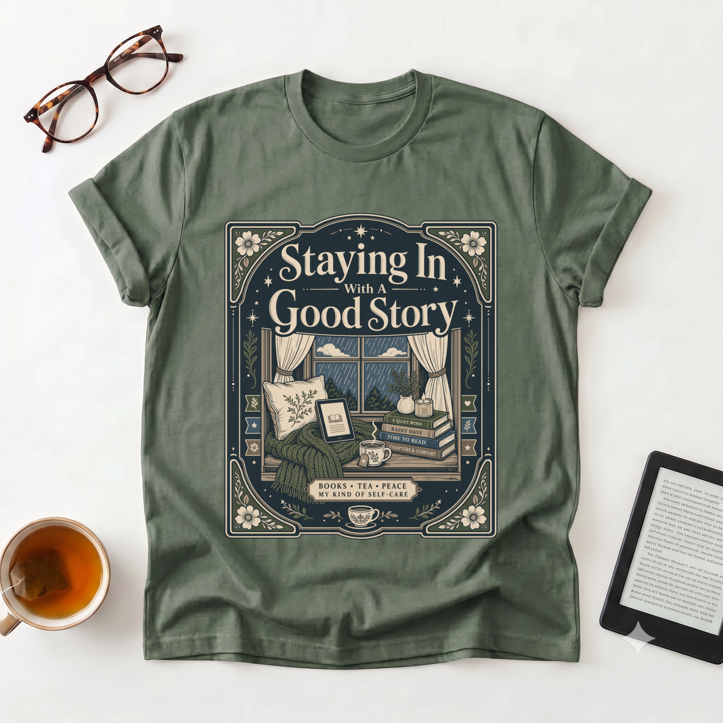 Staying In With a Good Story T-Shirt — Cozy Reading Graphic Tee