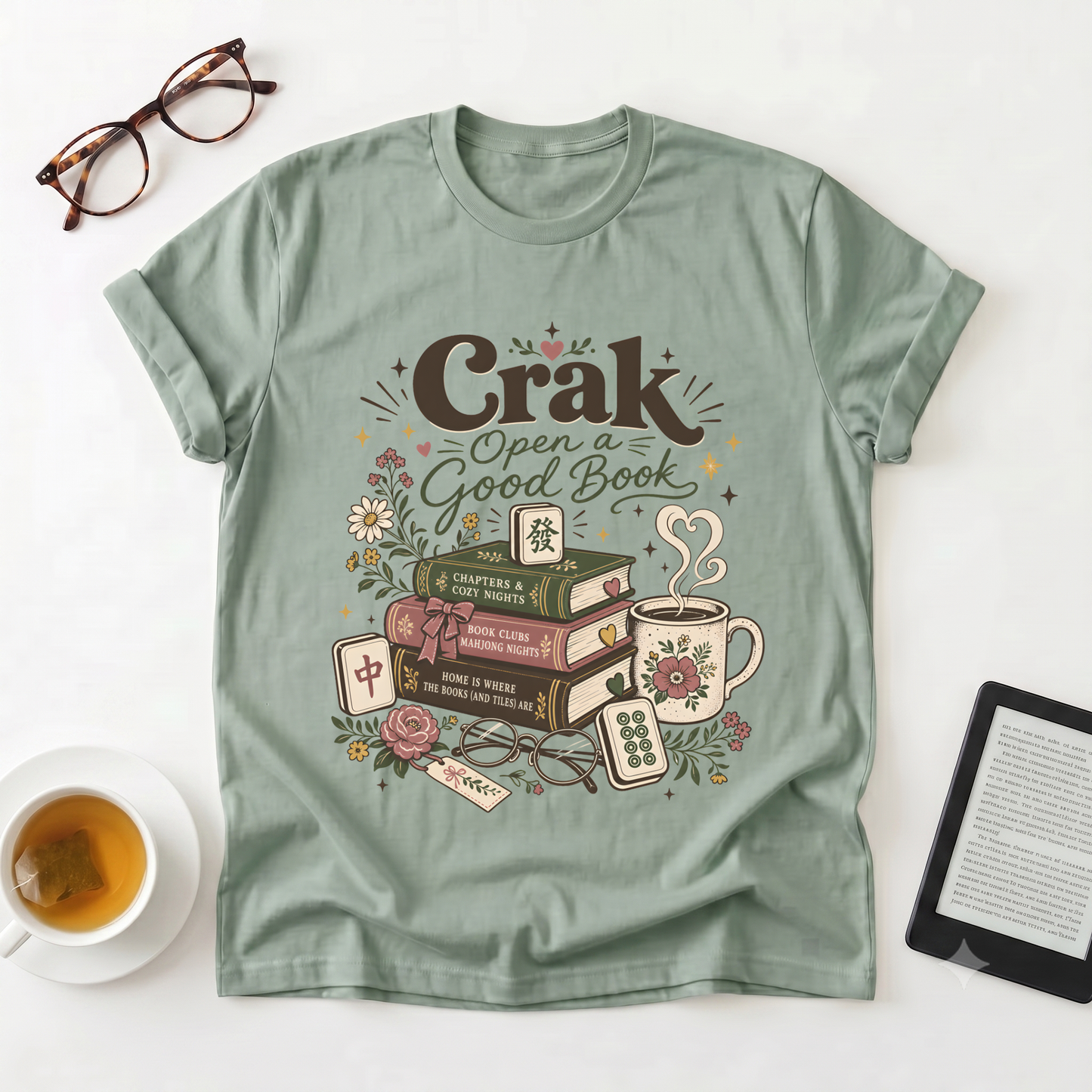 Book Lover T‑Shirt — "Crak Open a Good Book" Vintage Stack & Tea Graphic