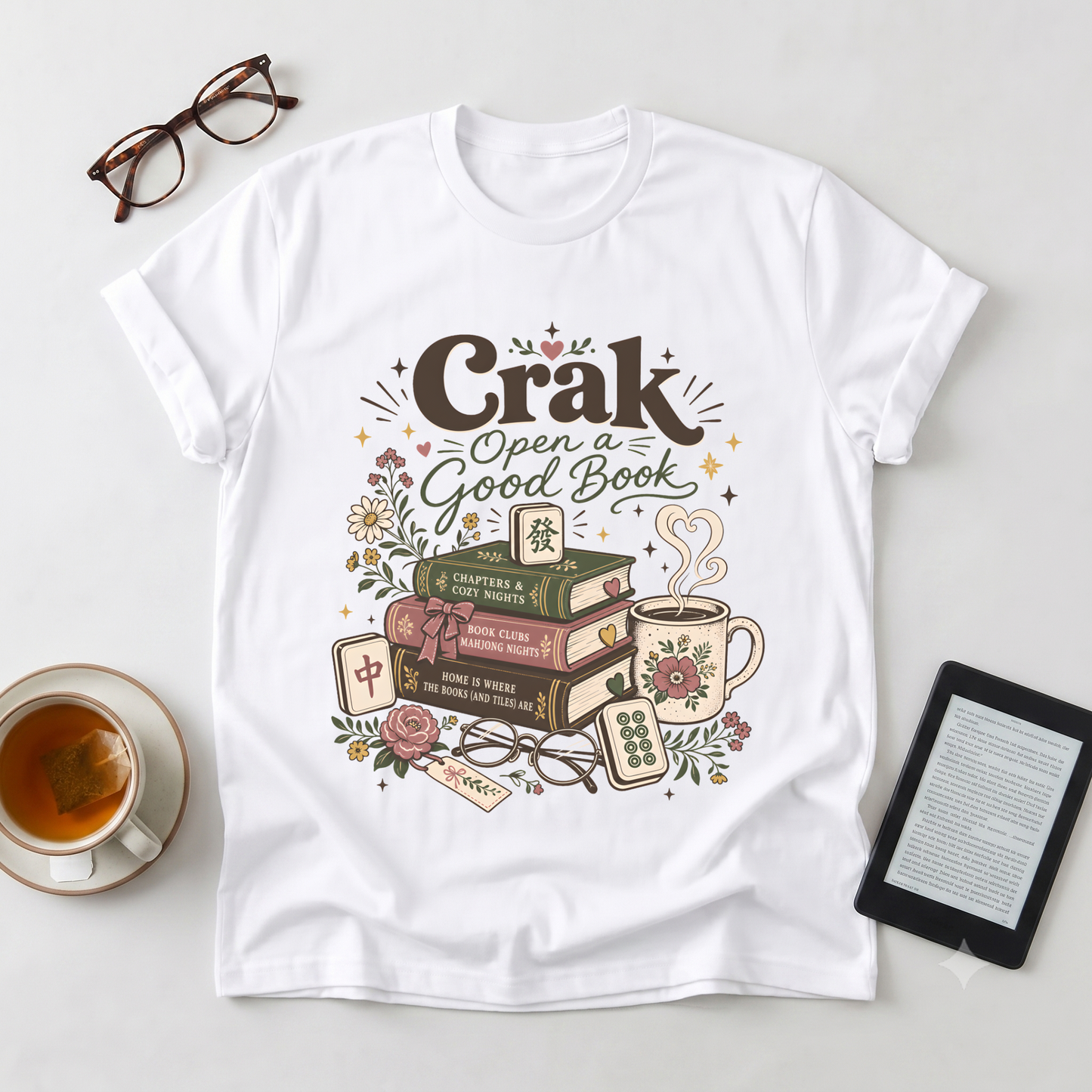 Book Lover T‑Shirt — "Crak Open a Good Book" Vintage Stack & Tea Graphic
