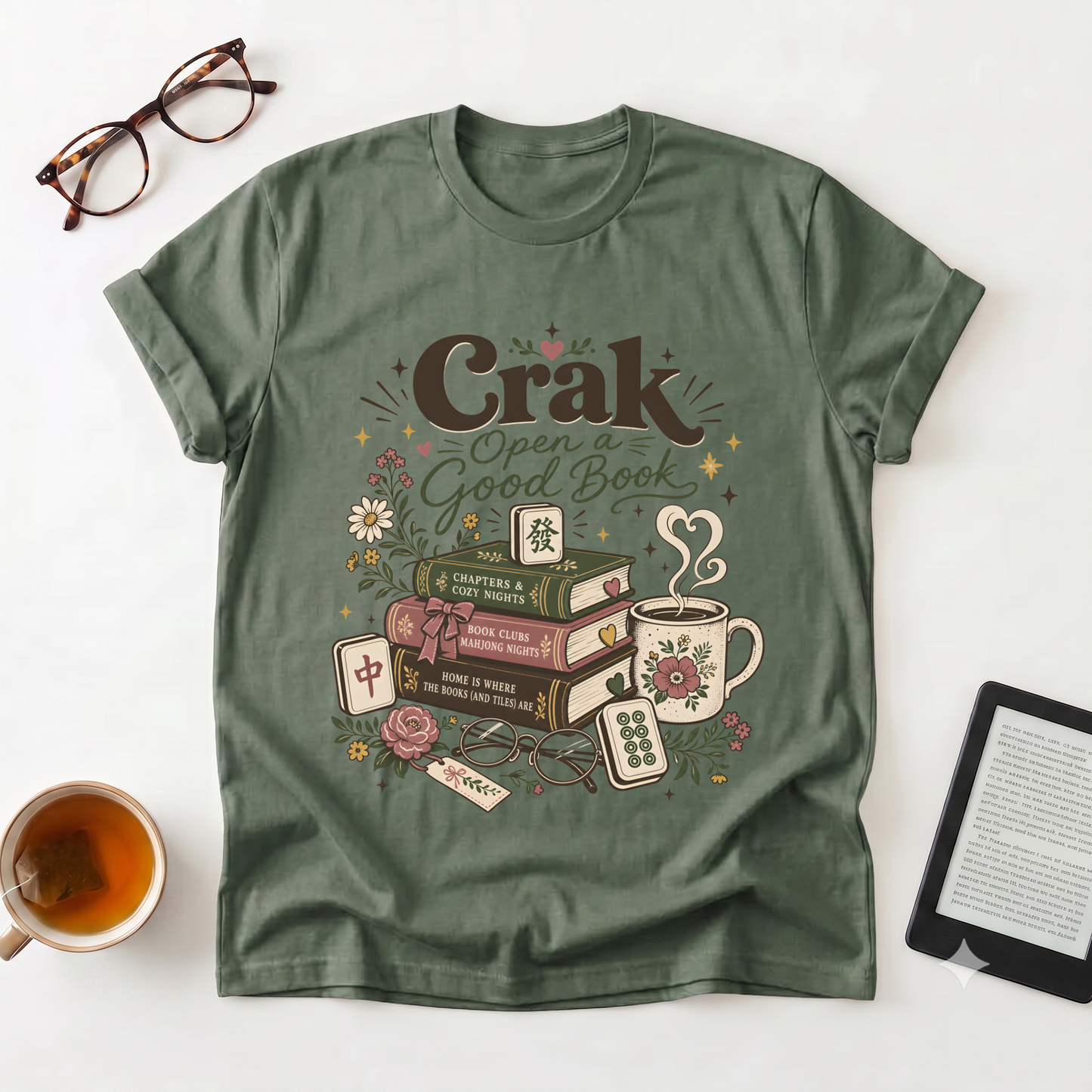 Book Lover T‑Shirt — "Crak Open a Good Book" Vintage Stack & Tea Graphic