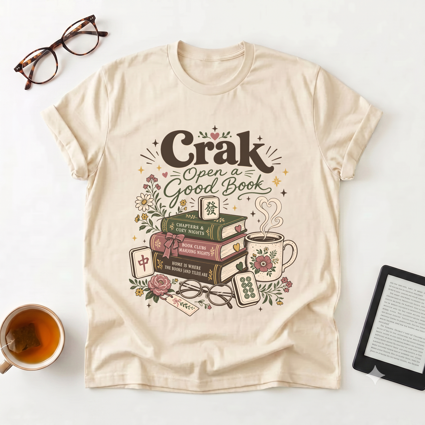 Book Lover T‑Shirt — "Crak Open a Good Book" Vintage Stack & Tea Graphic