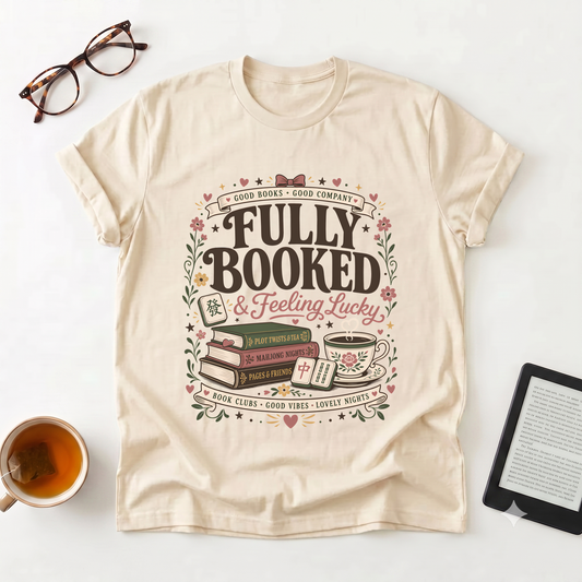 Fully Booked Graphic T-Shirt — "Fully Booked & Feeling Lucky" Book Lover Tee