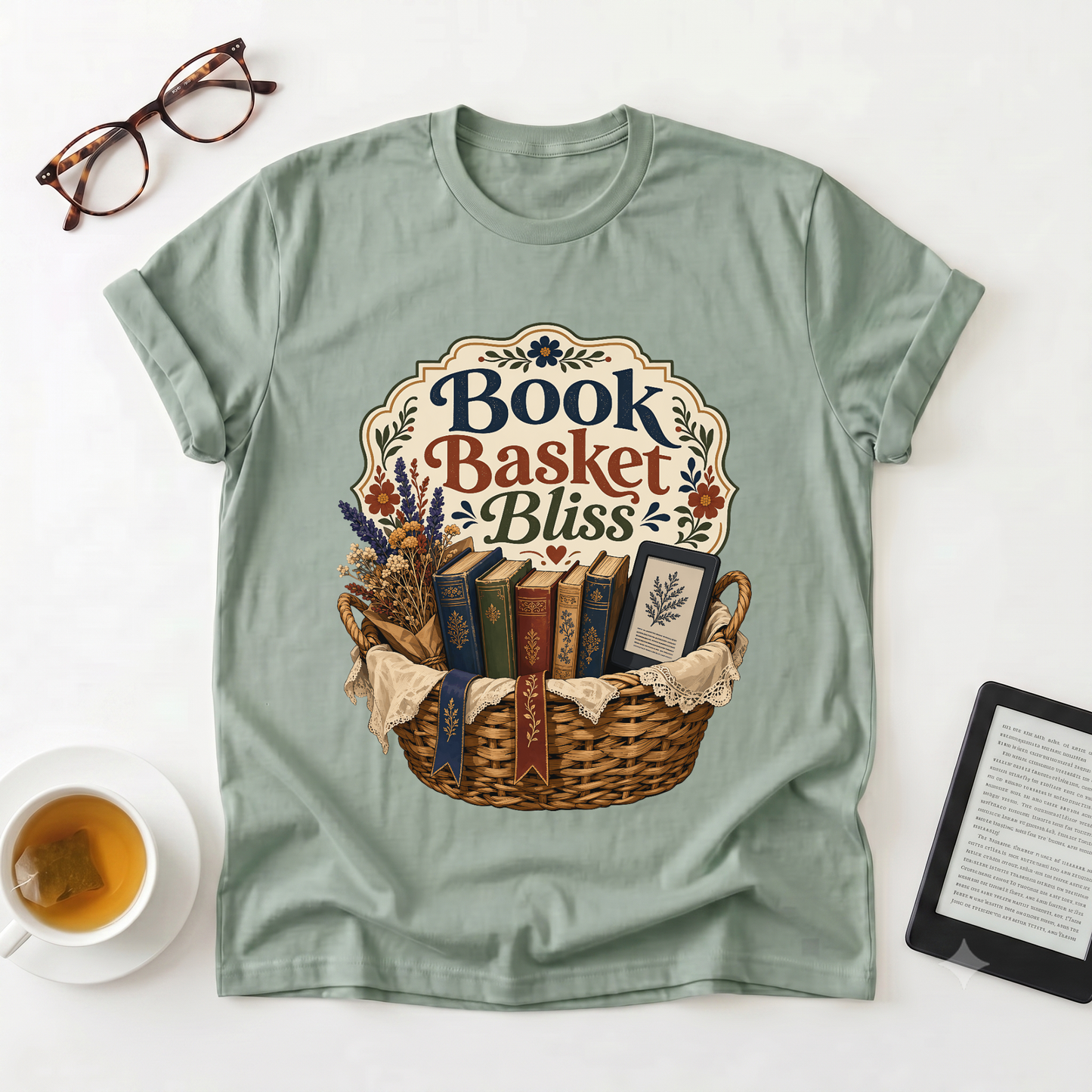 Book Basket Bliss T-Shirt — Cozy Reading Lover Tee