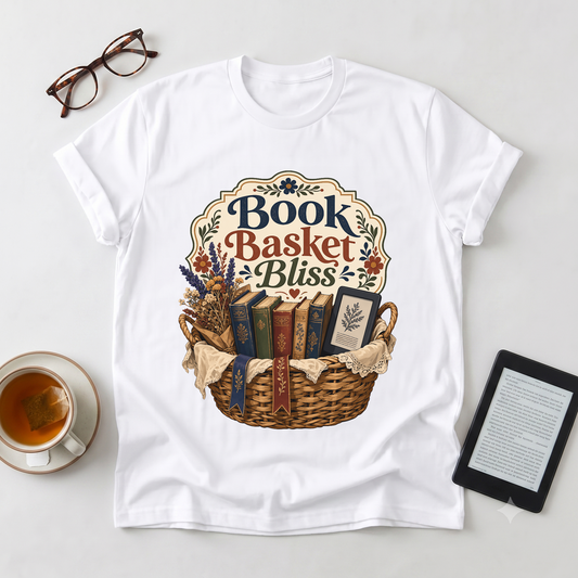 Book Basket Bliss T-Shirt — Cozy Reading Lover Tee