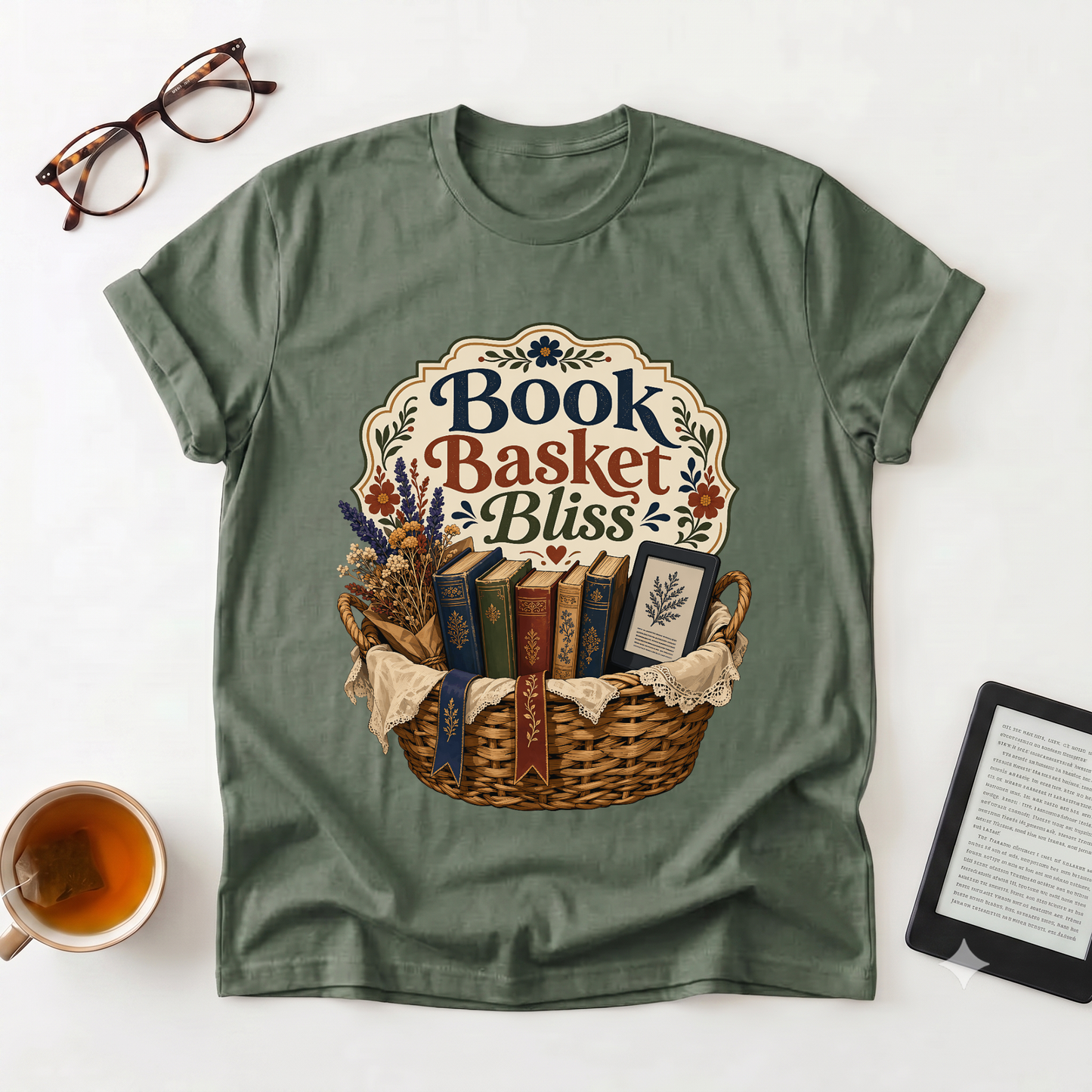 Book Basket Bliss T-Shirt — Cozy Reading Lover Tee