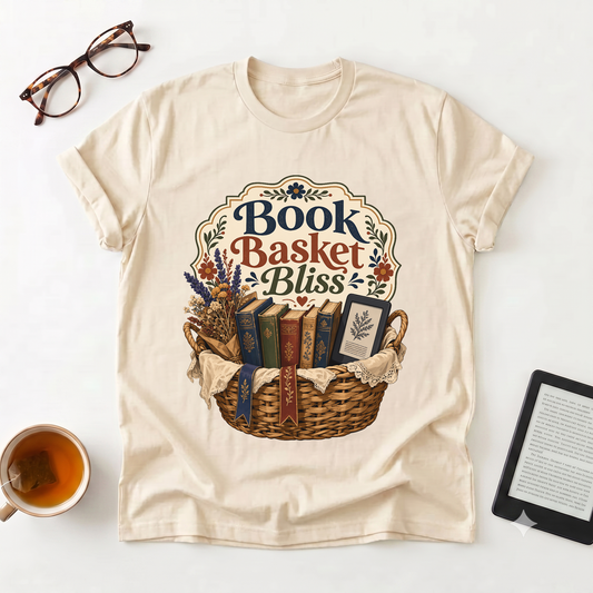 Book Basket Bliss T-Shirt — Cozy Reading Lover Tee