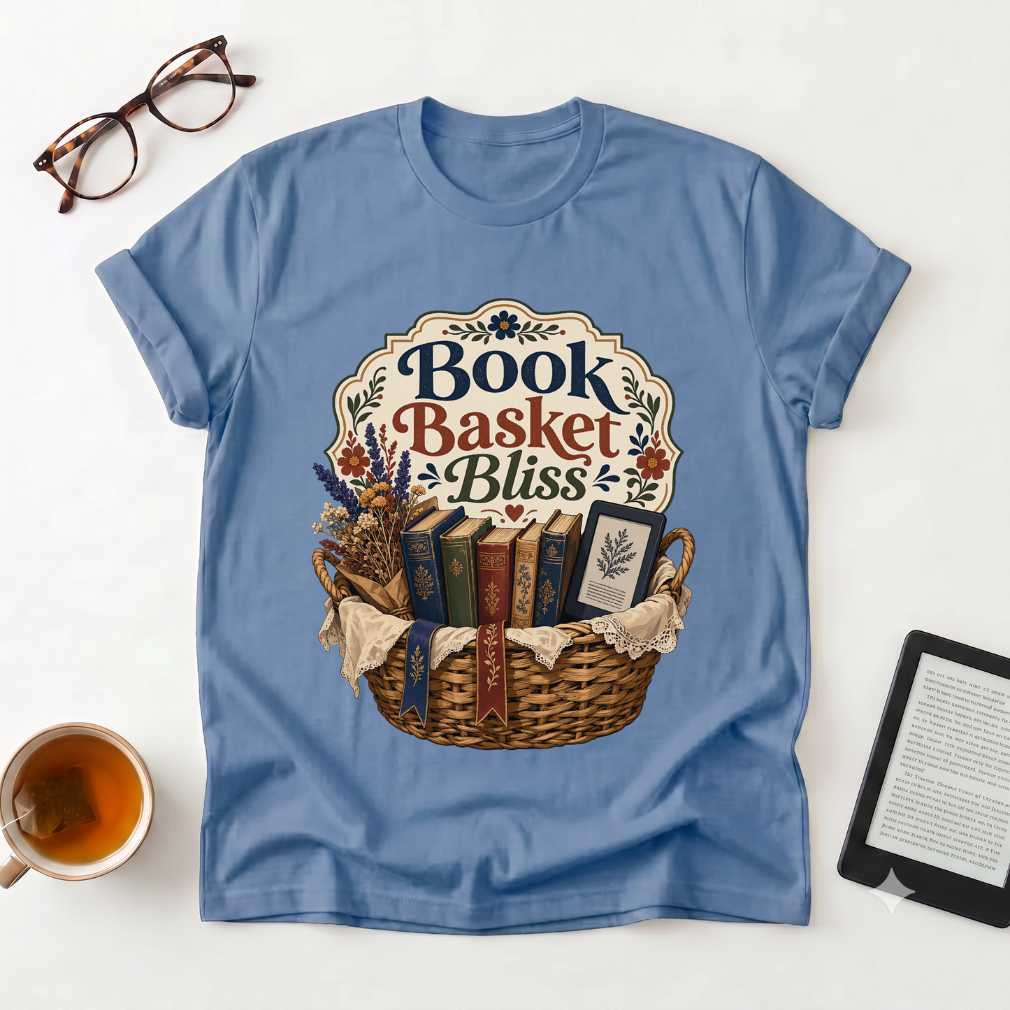 Book Basket Bliss T-Shirt — Cozy Reading Lover Tee