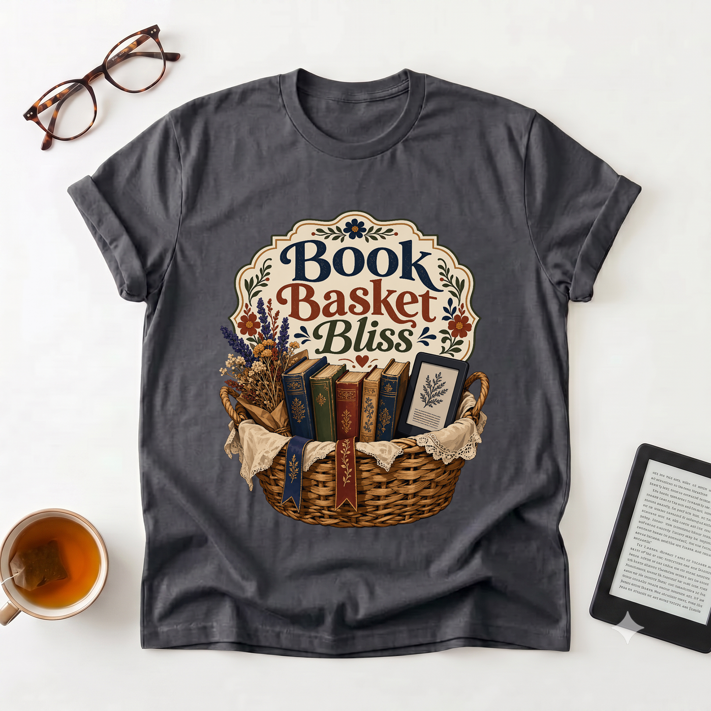 Book Basket Bliss T-Shirt — Cozy Reading Lover Tee