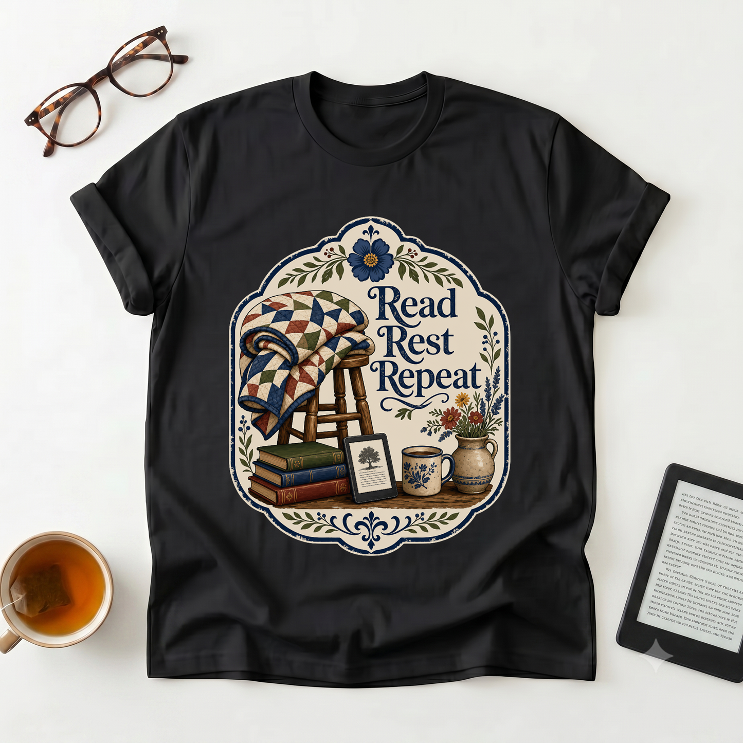 Read Rest Repeat T-Shirt - Cozy Reading & Vintage Quilt Design