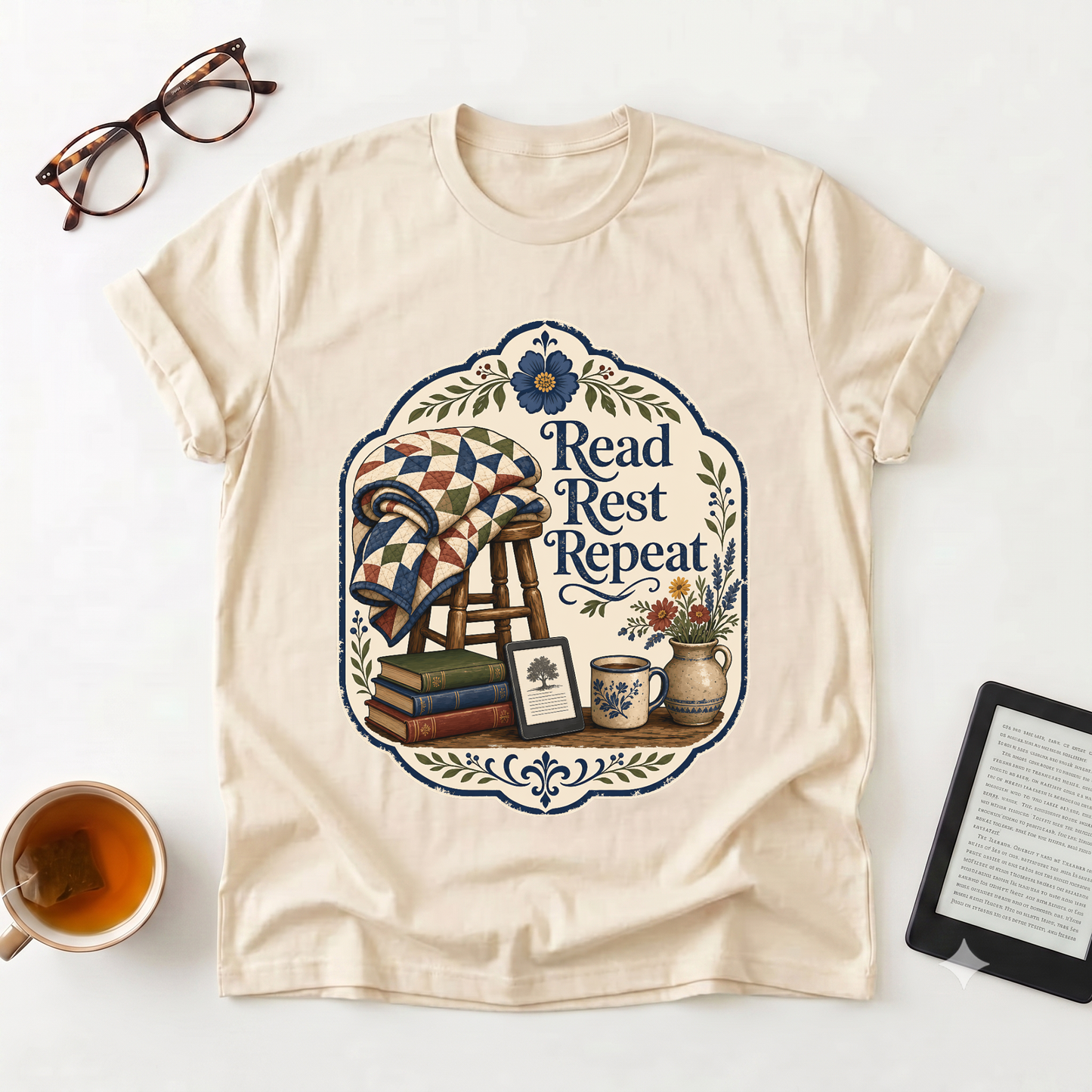 Read Rest Repeat T-Shirt - Cozy Reading & Vintage Quilt Design