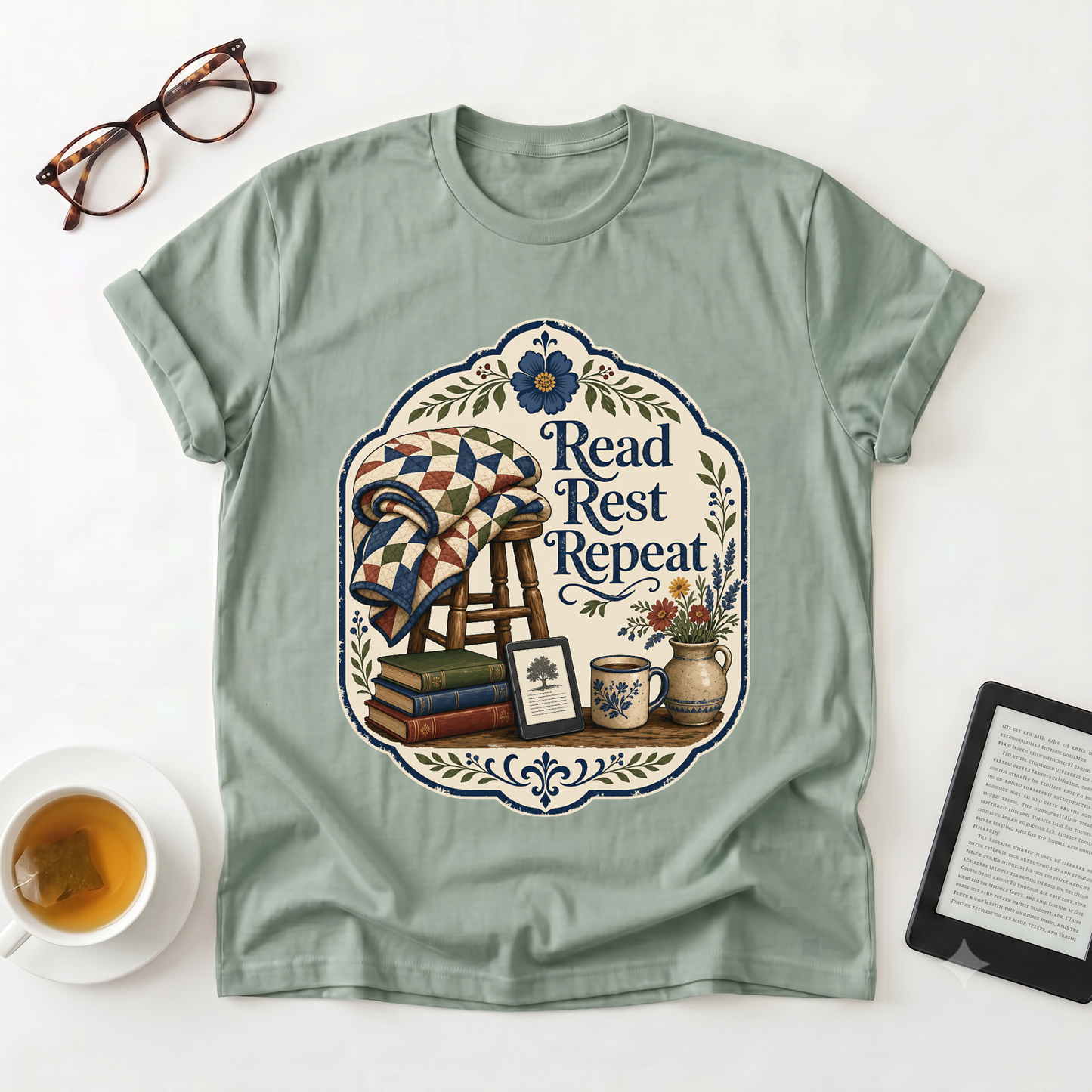Read Rest Repeat T-Shirt - Cozy Reading & Vintage Quilt Design