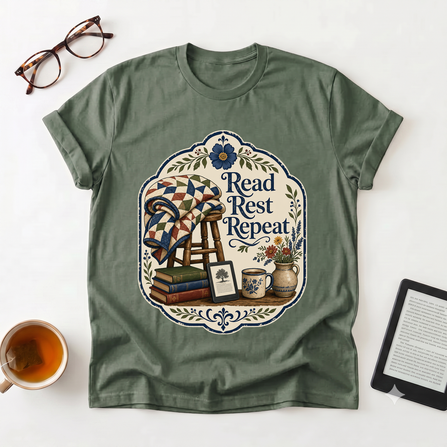 Read Rest Repeat T-Shirt - Cozy Reading & Vintage Quilt Design