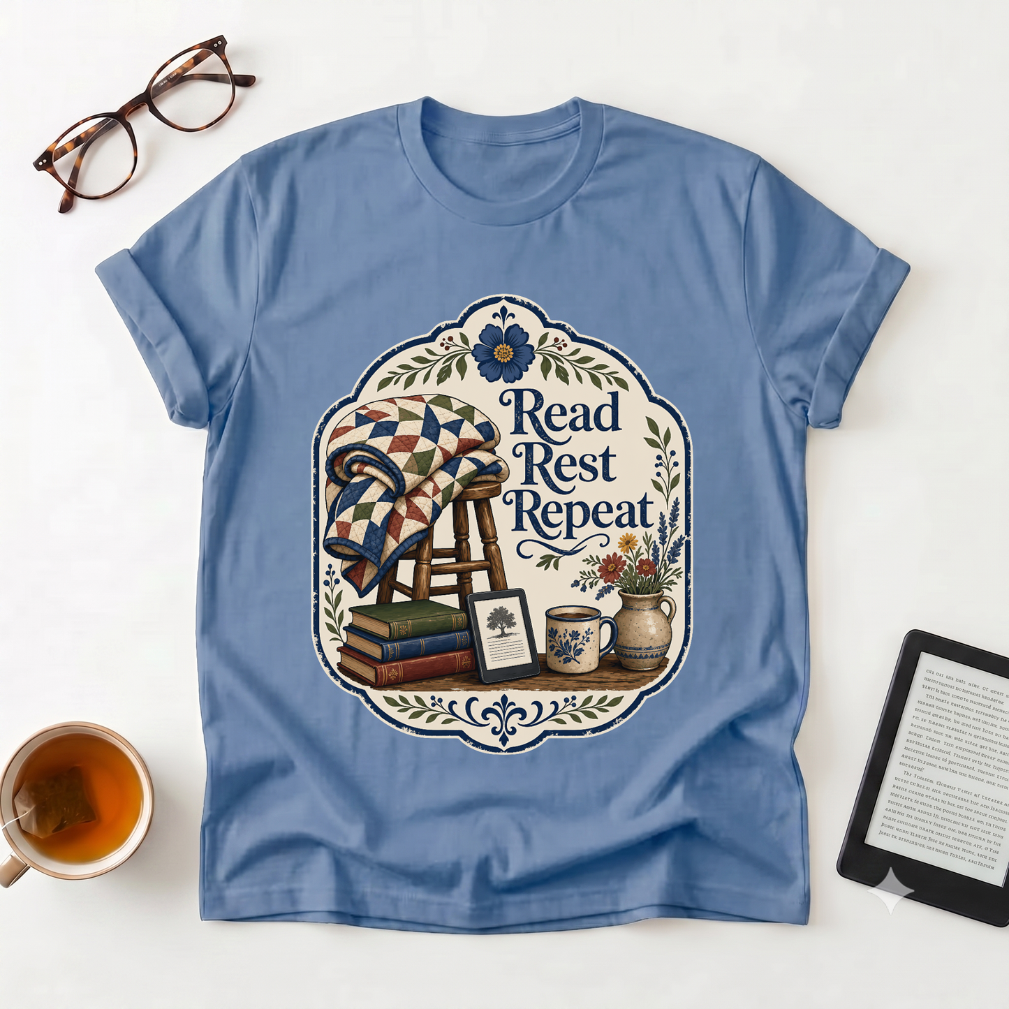 Read Rest Repeat T-Shirt - Cozy Reading & Vintage Quilt Design