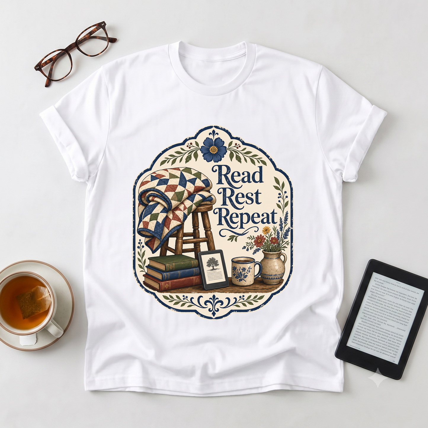 Read Rest Repeat T-Shirt - Cozy Reading & Vintage Quilt Design