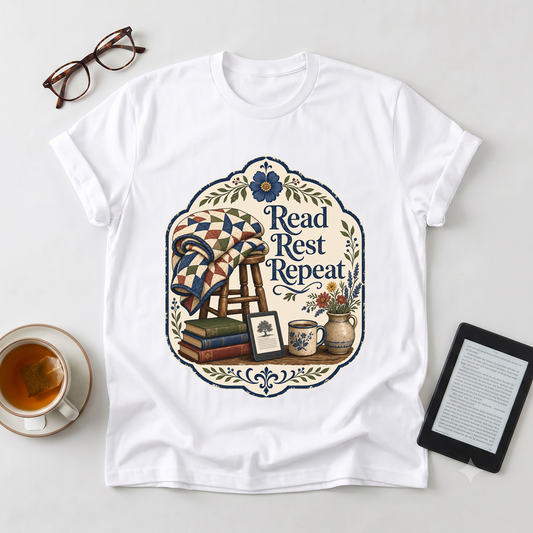Read Rest Repeat T-Shirt - Cozy Reading & Vintage Quilt Design