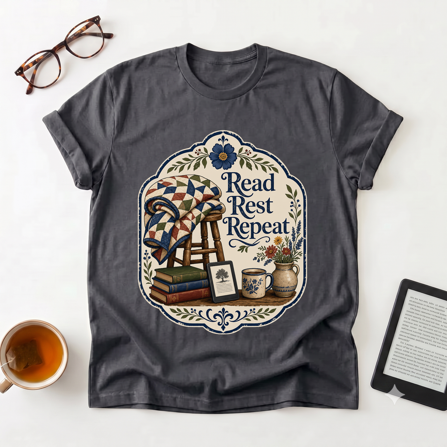 Read Rest Repeat T-Shirt - Cozy Reading & Vintage Quilt Design