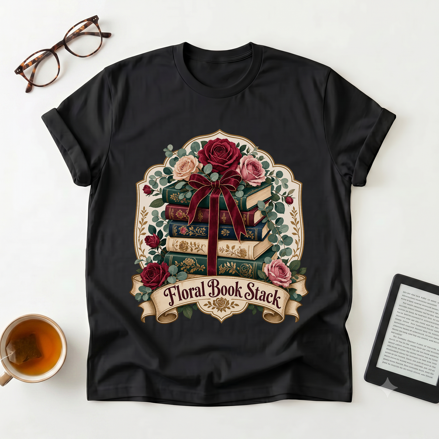 Floral Book Stack T-Shirt — Vintage Roses & Stacked Books Graphic Tee