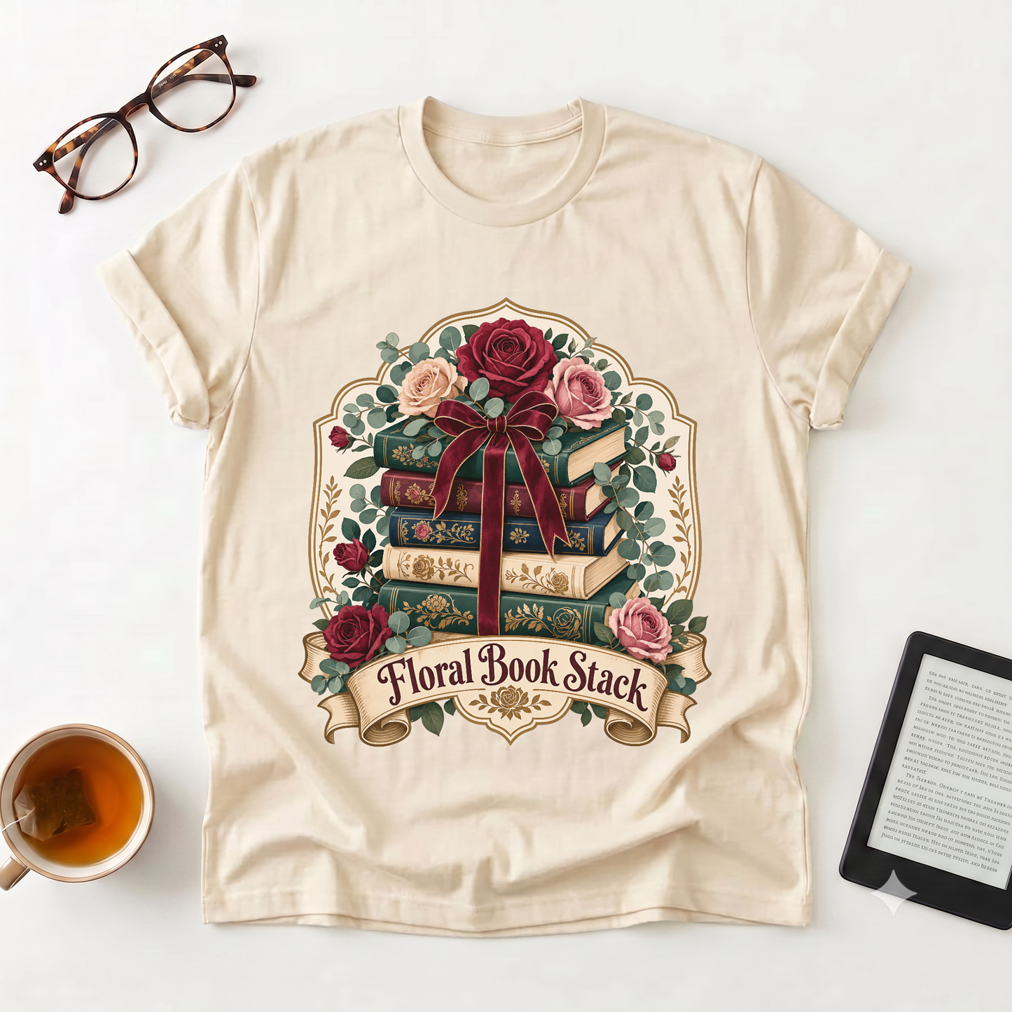 Floral Book Stack T-Shirt — Vintage Roses & Stacked Books Graphic Tee