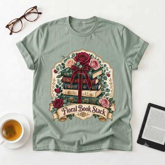 Floral Book Stack T-Shirt — Vintage Roses & Stacked Books Graphic Tee