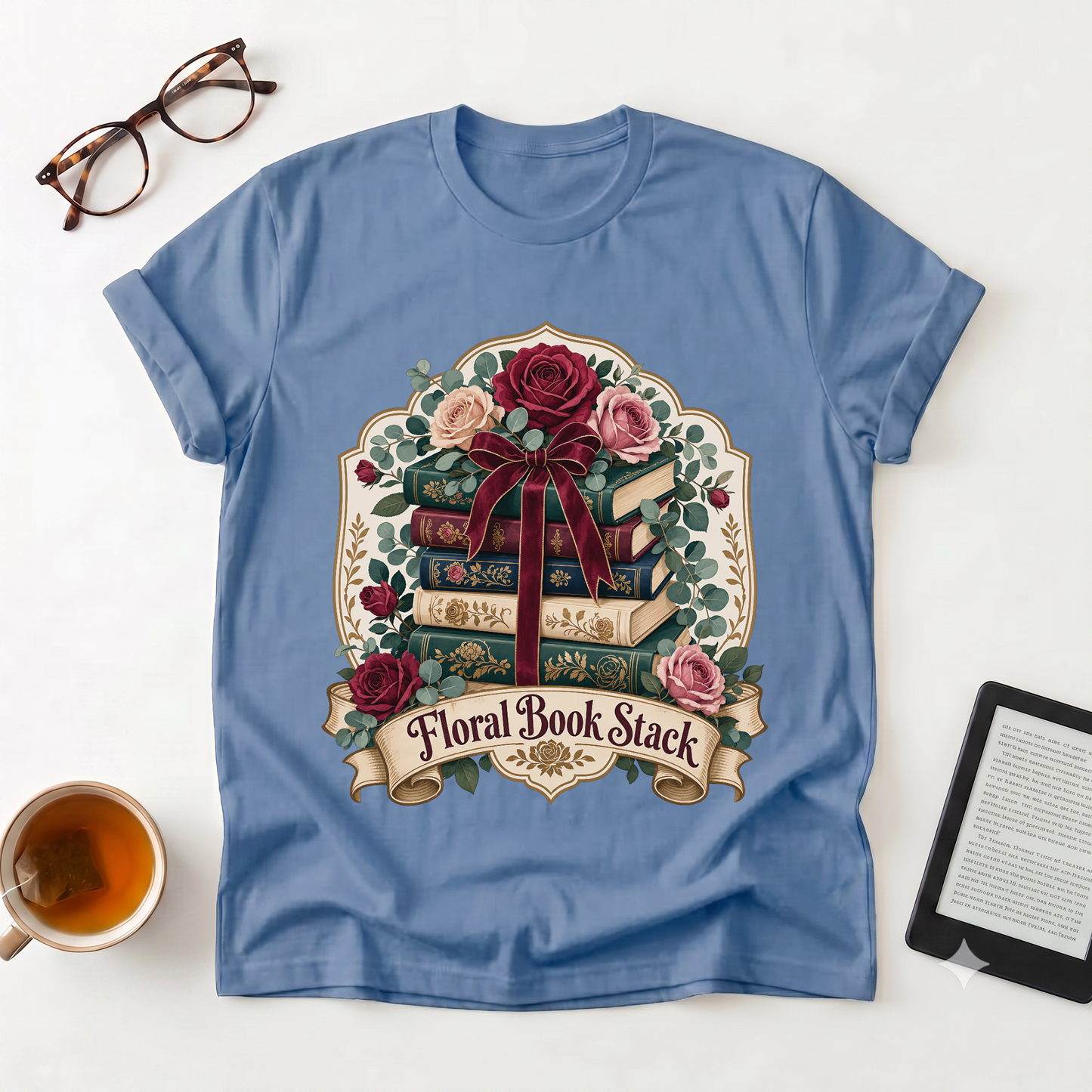 Floral Book Stack T-Shirt — Vintage Roses & Stacked Books Graphic Tee