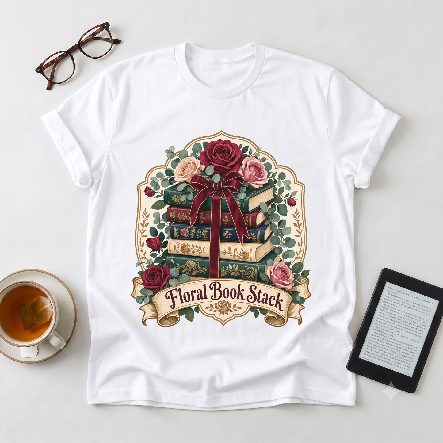 Floral Book Stack T-Shirt — Vintage Roses & Stacked Books Graphic Tee