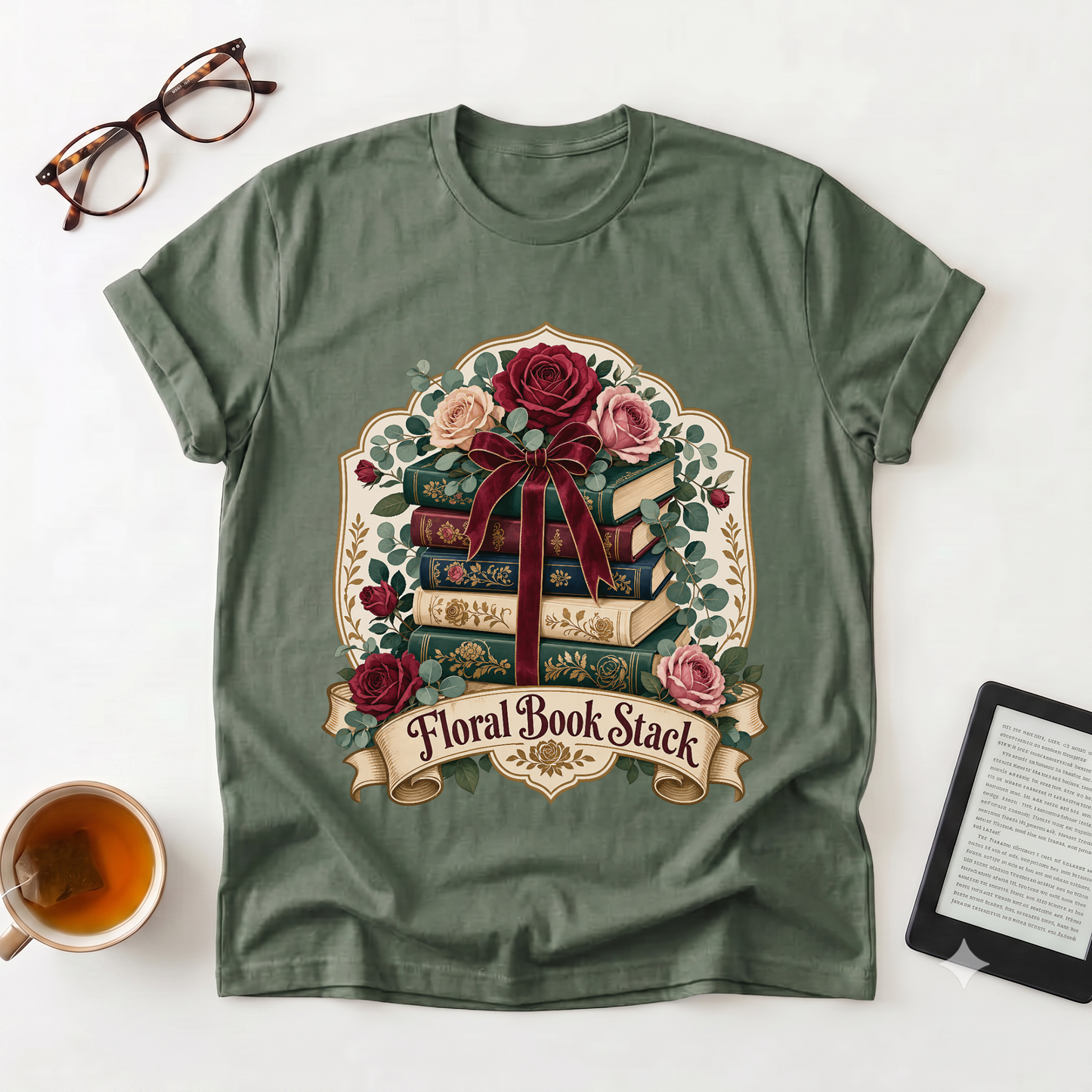 Floral Book Stack T-Shirt — Vintage Roses & Stacked Books Graphic Tee