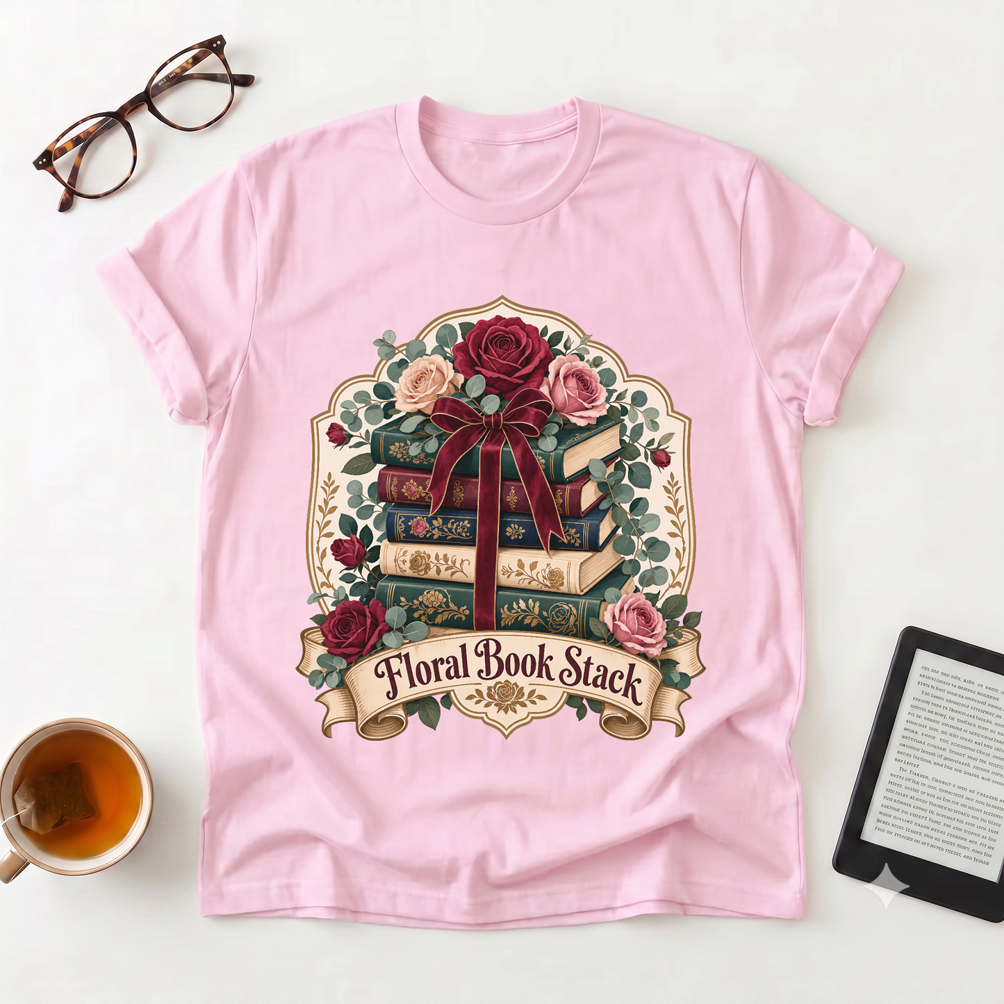 Floral Book Stack T-Shirt — Vintage Roses & Stacked Books Graphic Tee