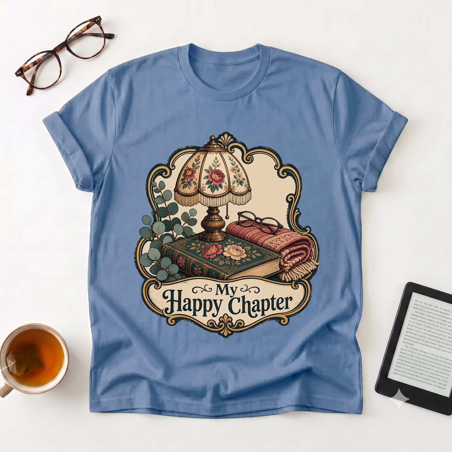 Cozy Reading Tee — “My Happy Chapter” Vintage Lamp & Book Graphic T-Shirt