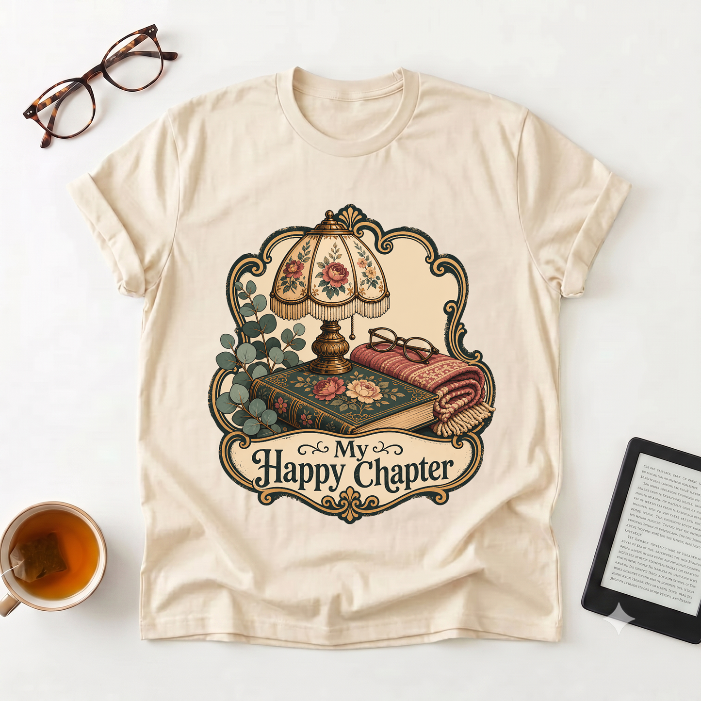 Cozy Reading Tee — “My Happy Chapter” Vintage Lamp & Book Graphic T-Shirt