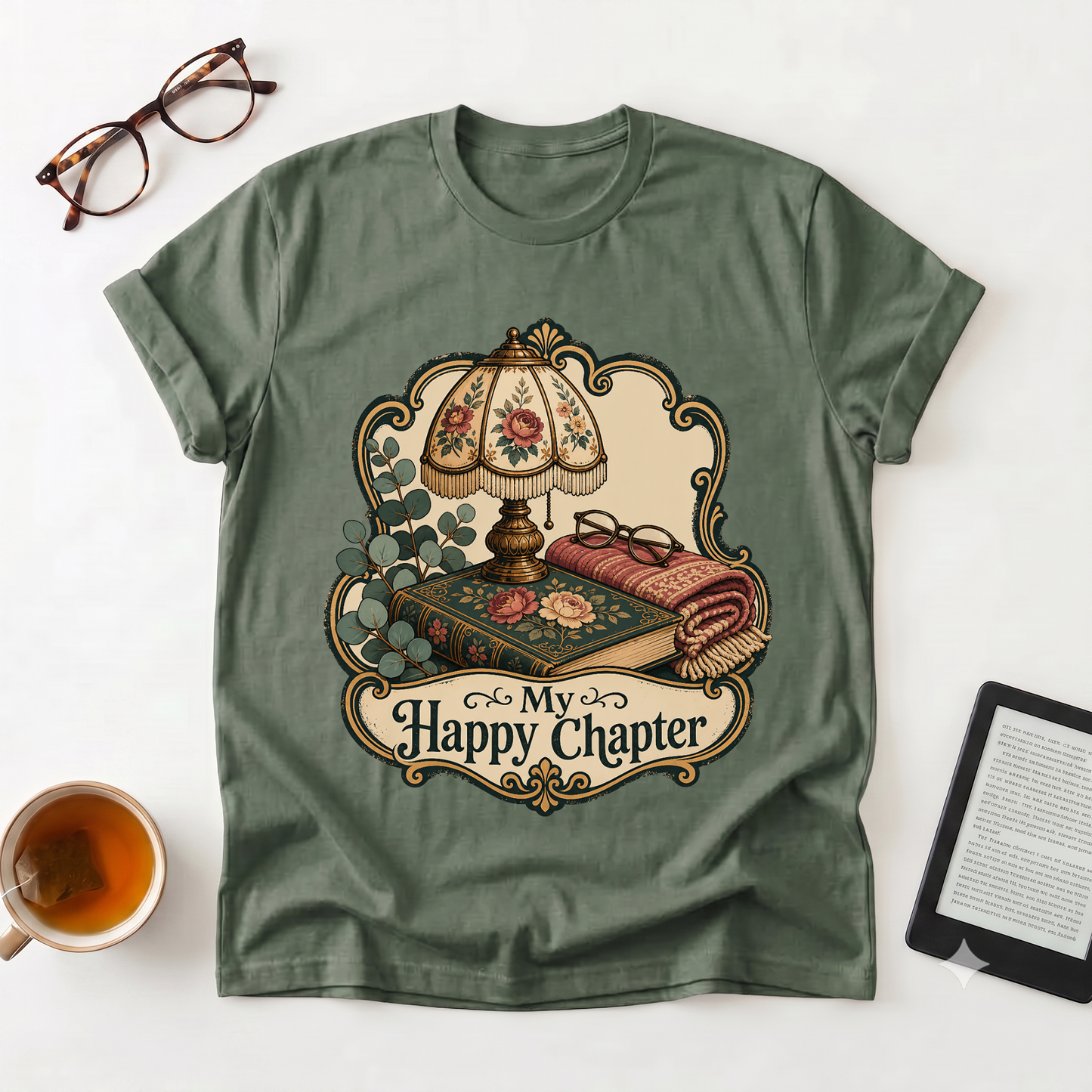 Cozy Reading Tee — “My Happy Chapter” Vintage Lamp & Book Graphic T-Shirt