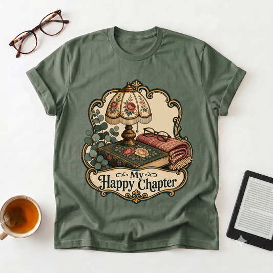 Cozy Reading Tee — “My Happy Chapter” Vintage Lamp & Book Graphic T-Shirt