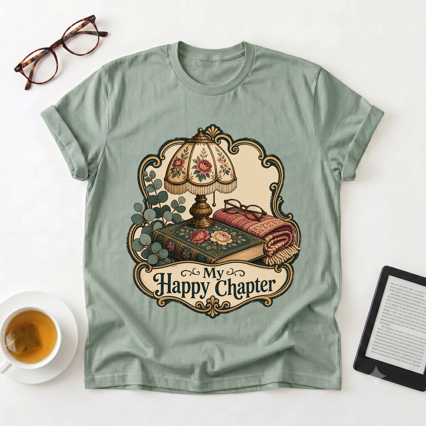 Cozy Reading Tee — “My Happy Chapter” Vintage Lamp & Book Graphic T-Shirt