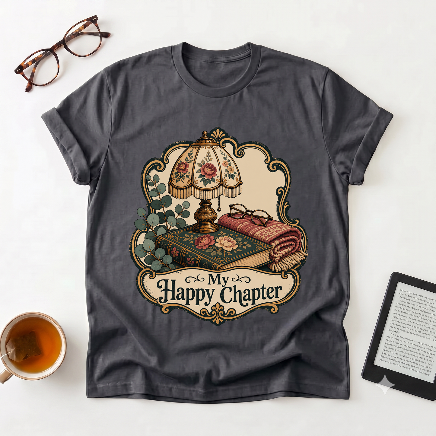 Cozy Reading Tee — “My Happy Chapter” Vintage Lamp & Book Graphic T-Shirt
