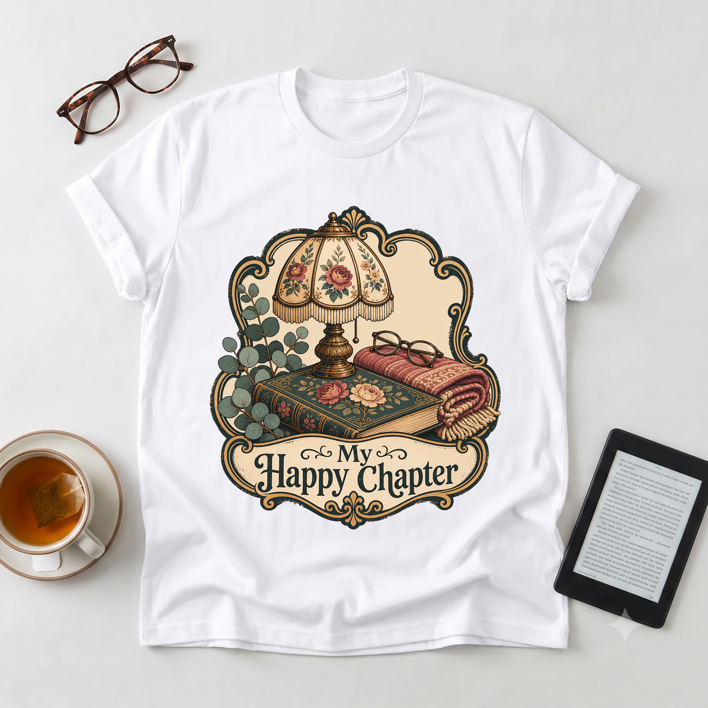 Cozy Reading Tee — “My Happy Chapter” Vintage Lamp & Book Graphic T-Shirt