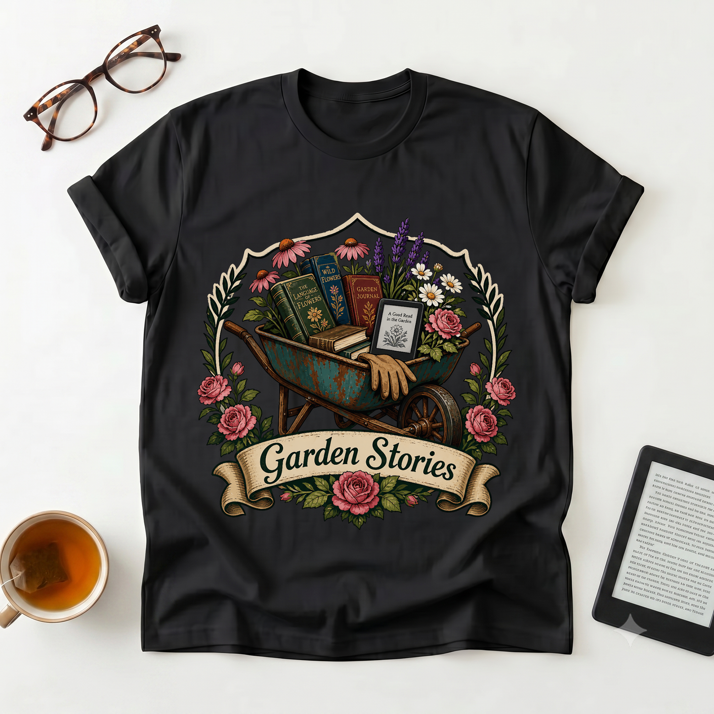 Garden Stories T-Shirt — Vintage Wheelbarrow Floral Gardening Tee