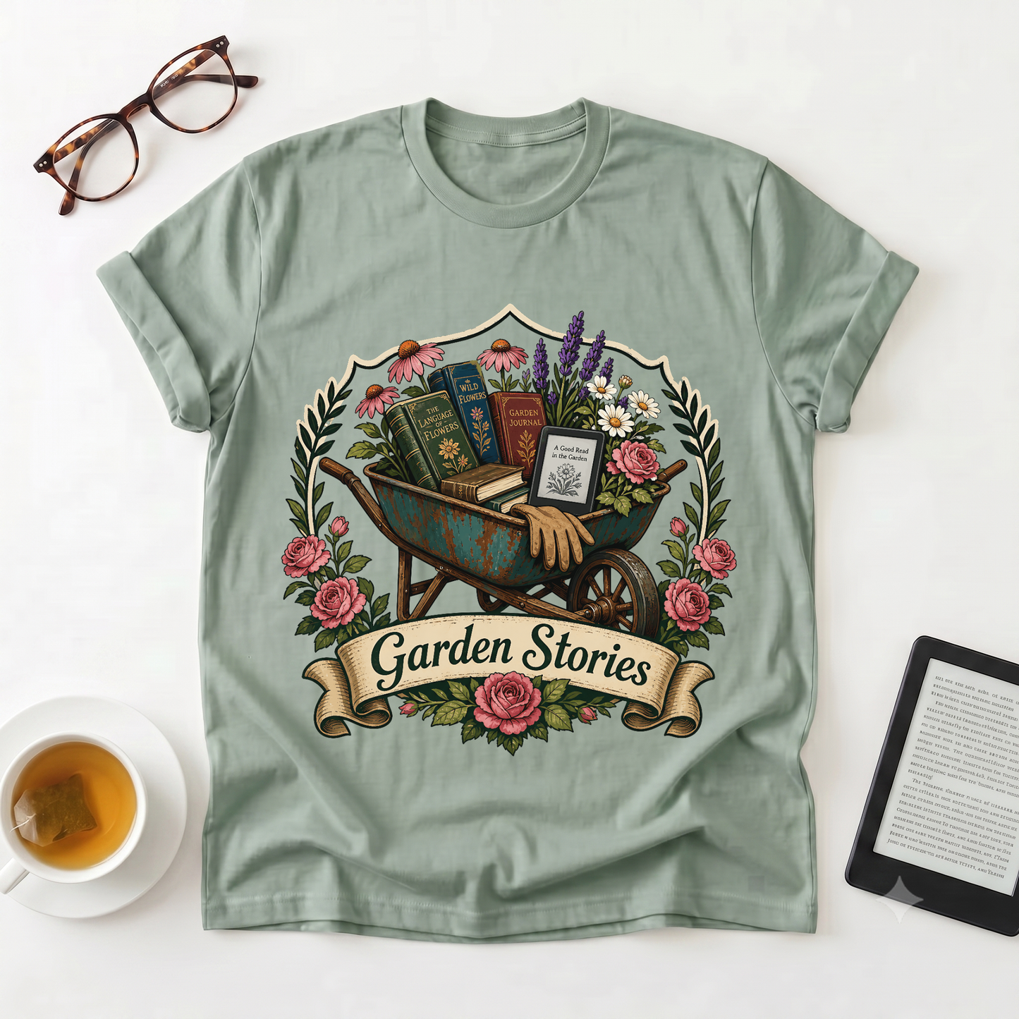 Garden Stories T-Shirt — Vintage Wheelbarrow Floral Gardening Tee